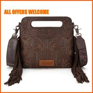 Western Fringe Crossbody Bag with Embroidered Boot Tooled Leather